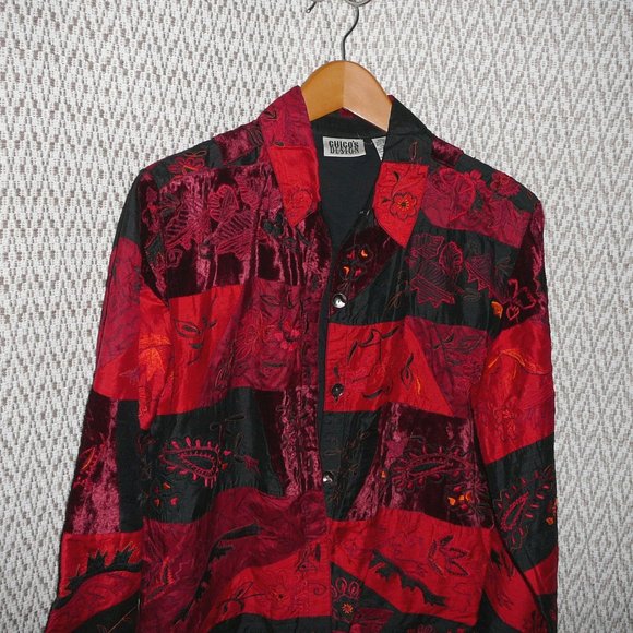 Chico's 1 Silk Embroidered Red Black Jacket M - Picture 3 of 9